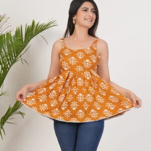 Women’s Mustard Yellow Cotton Printed Sleeveless Flared Kurti
