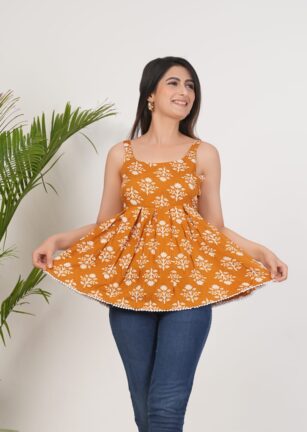 Women’s Mustard Yellow Cotton Printed Sleeveless Flared Kurti