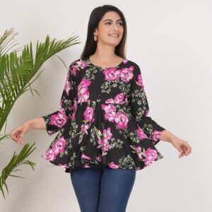 Women’s Black Floral Flared Top with 3/4 Sleeves