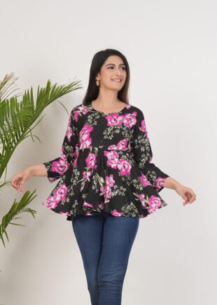 Women’s Black Floral Flared Top with 3/4 Sleeves