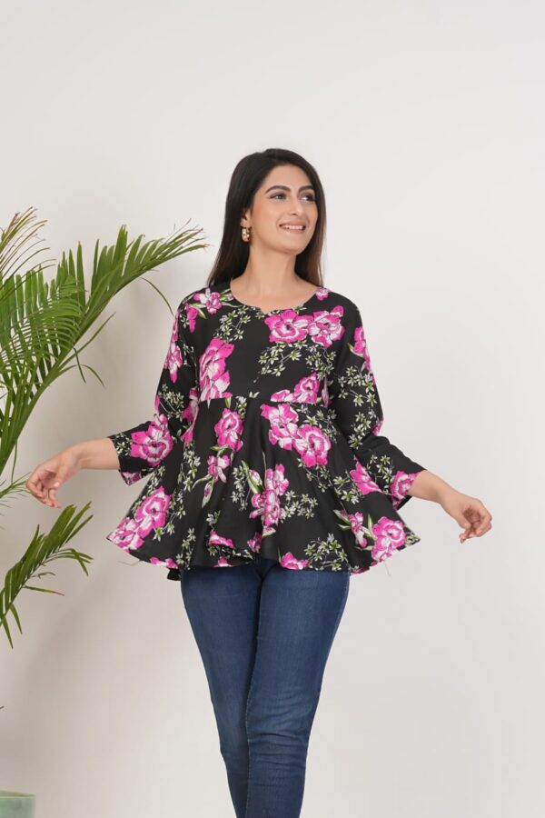 Women’s Black Floral Flared Top with 3/4 Sleeves
