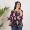 Women’s Black Floral Flared Top with 3/4 Sleeves