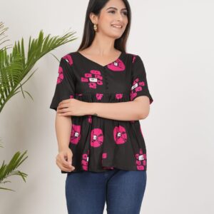 Women’s Black & Pink Printed Flared Top