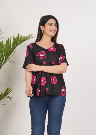 Women’s Black & Pink Printed Flared Top