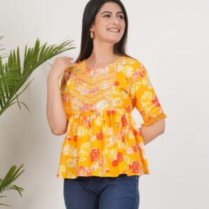 Women’s Yellow Floral Printed Flared Top with Embroidery