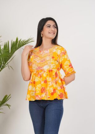 Women’s Yellow Floral Printed Flared Top with Embroidery