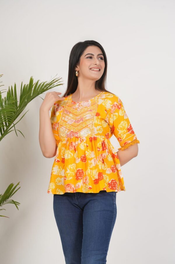 Women’s Yellow Floral Printed Flared Top with Embroidery