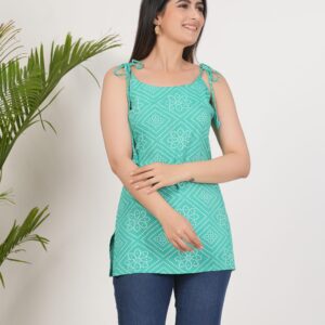 Women’s Green Printed Sleeveless Tie-Strap Top