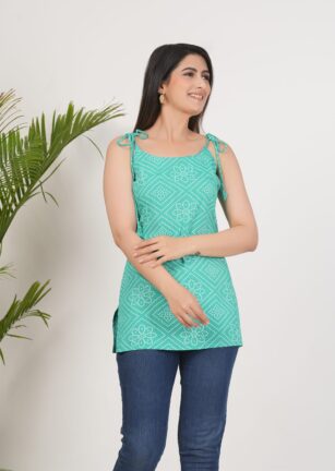 Women’s Green Printed Sleeveless Tie-Strap Top