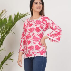 Pink Floral Lace Trim Kurti for Women