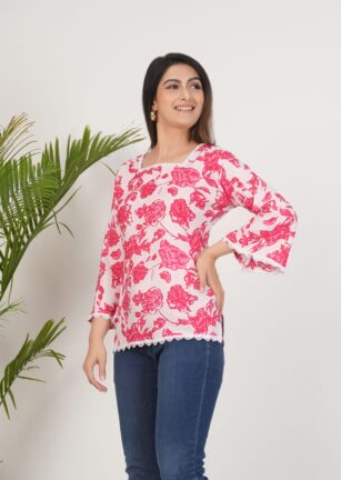 Pink Floral Lace Trim Kurti for Women