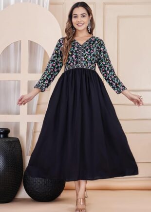 Black Georgette Anarkali Dress with Floral Embroidered Yoke