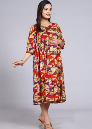 Multicolor Geometric Print Empire Waist Midi Dress