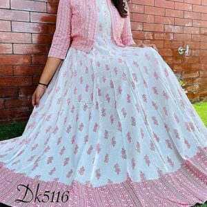 White & Pink Printed Anarkali Kurti with Jacket for Women