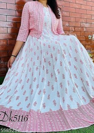 White & Pink Printed Anarkali Kurti with Jacket for Women