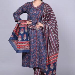 Navy Blue & Red Cotton Printed Kurta Set with Dupatta