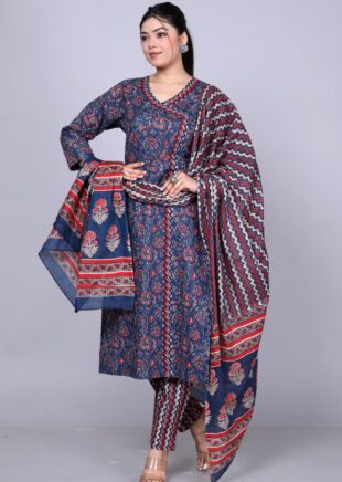 Navy Blue & Red Cotton Printed Kurta Set with Dupatta
