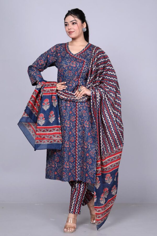 Navy Blue & Red Cotton Printed Kurta Set with Dupatta