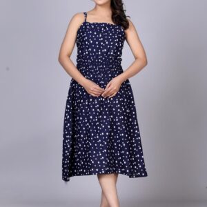 Navy Blue Sleeveless Star Print Midi Dress for Women