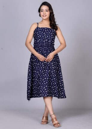 Navy Blue Sleeveless Star Print Midi Dress for Women