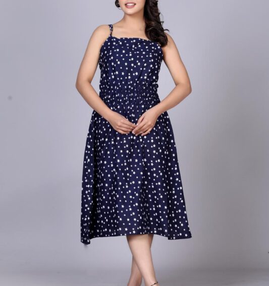 Navy Blue Sleeveless Star Print Midi Dress for Women