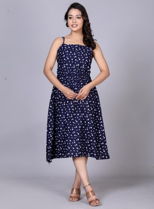 Navy Blue Sleeveless Star Print Midi Dress for Women