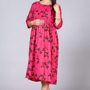 Pink Floral Printed Empire Waist Midi Dress