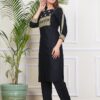 Elegant Black Cotton Kurta Set with Beige Embroidery - Image 3
