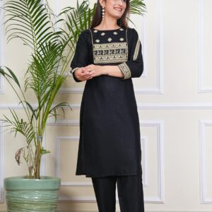 Elegant Black Cotton Kurta Set with Beige Embroidery