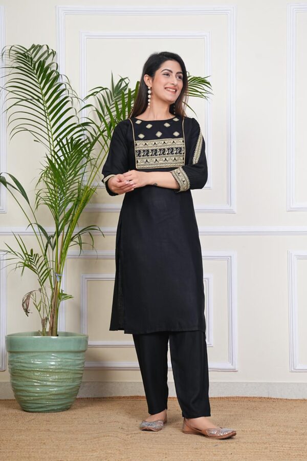 Elegant Black Cotton Kurta Set with Beige Embroidery
