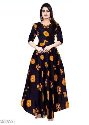 Women’s Black & Orange Printed Long Maxi Gown