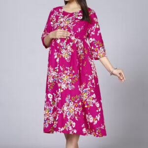 Magenta Pink Floral Printed Empire Waist Midi Dress