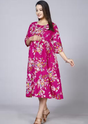 Magenta Pink Floral Printed Empire Waist Midi Dress